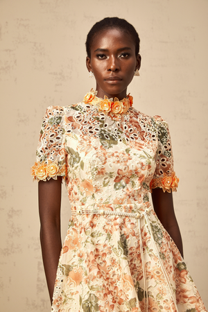 Aurohaya Lilou orange flower-embroidered embellished mini dress