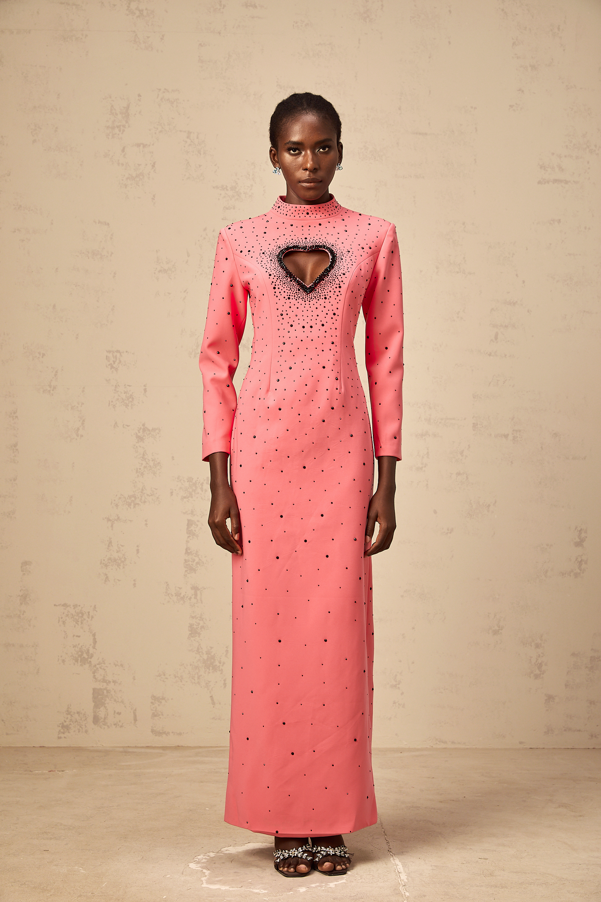 Aurohaya Zélie pink heart cut-out embellished maxi dress
