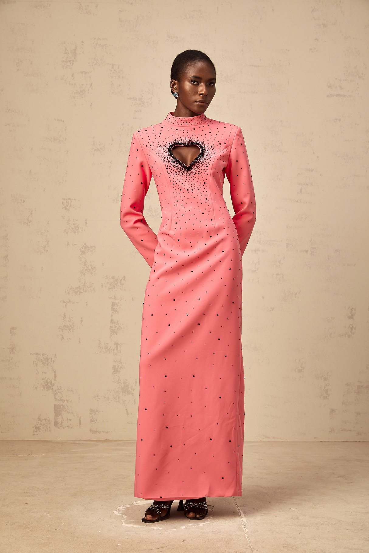 Aurohaya Zélie pink heart cut-out embellished maxi dress
