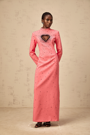 Aurohaya Zélie pink heart cut-out embellished maxi dress