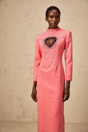 Aurohaya Zélie pink heart cut-out embellished maxi dress