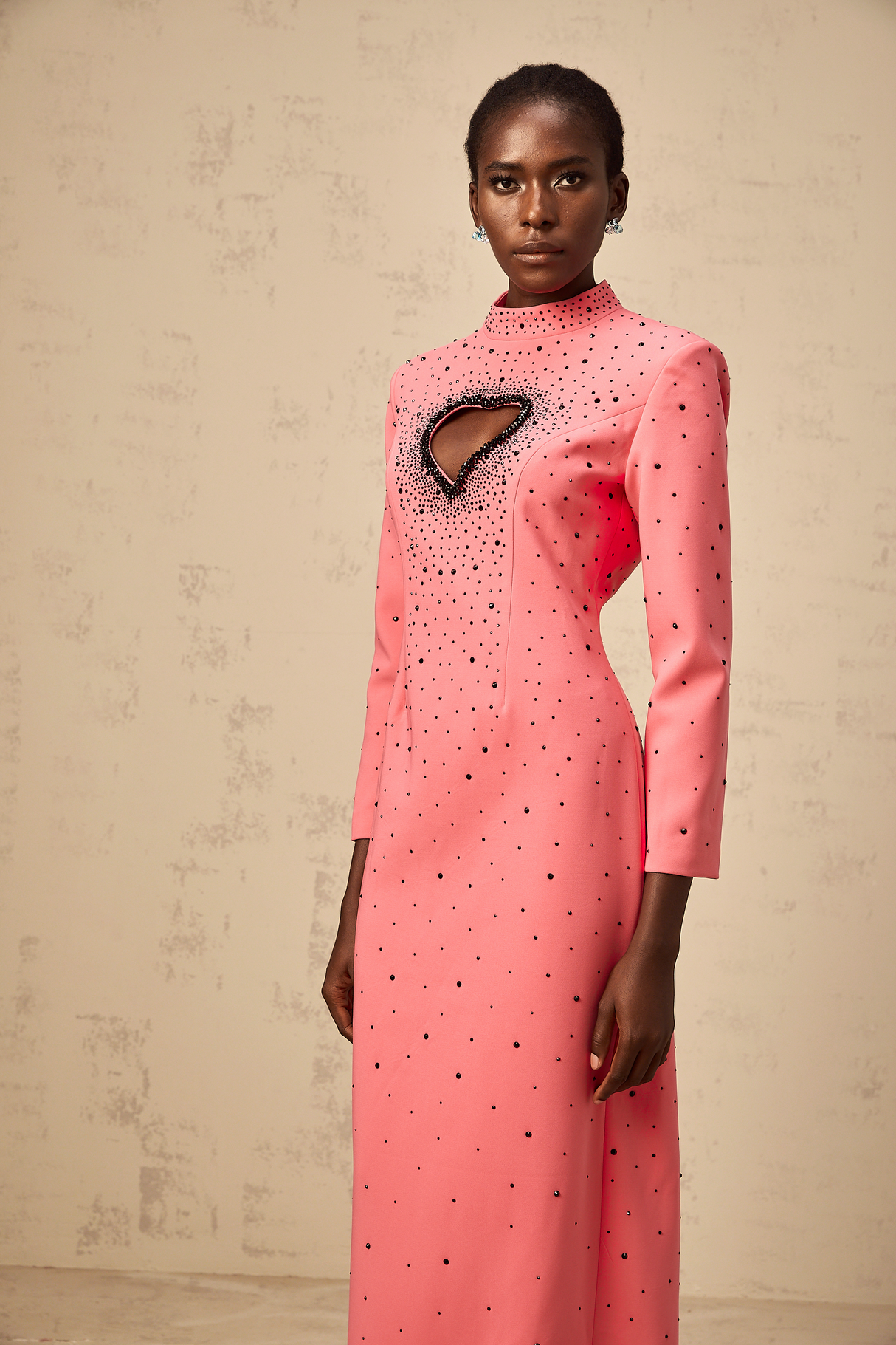 Aurohaya Zélie pink heart cut-out embellished maxi dress