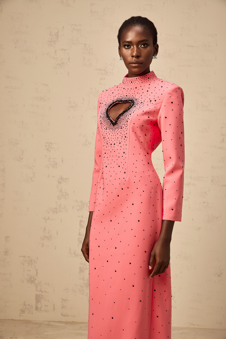 Aurohaya Zélie pink heart cut-out embellished maxi dress