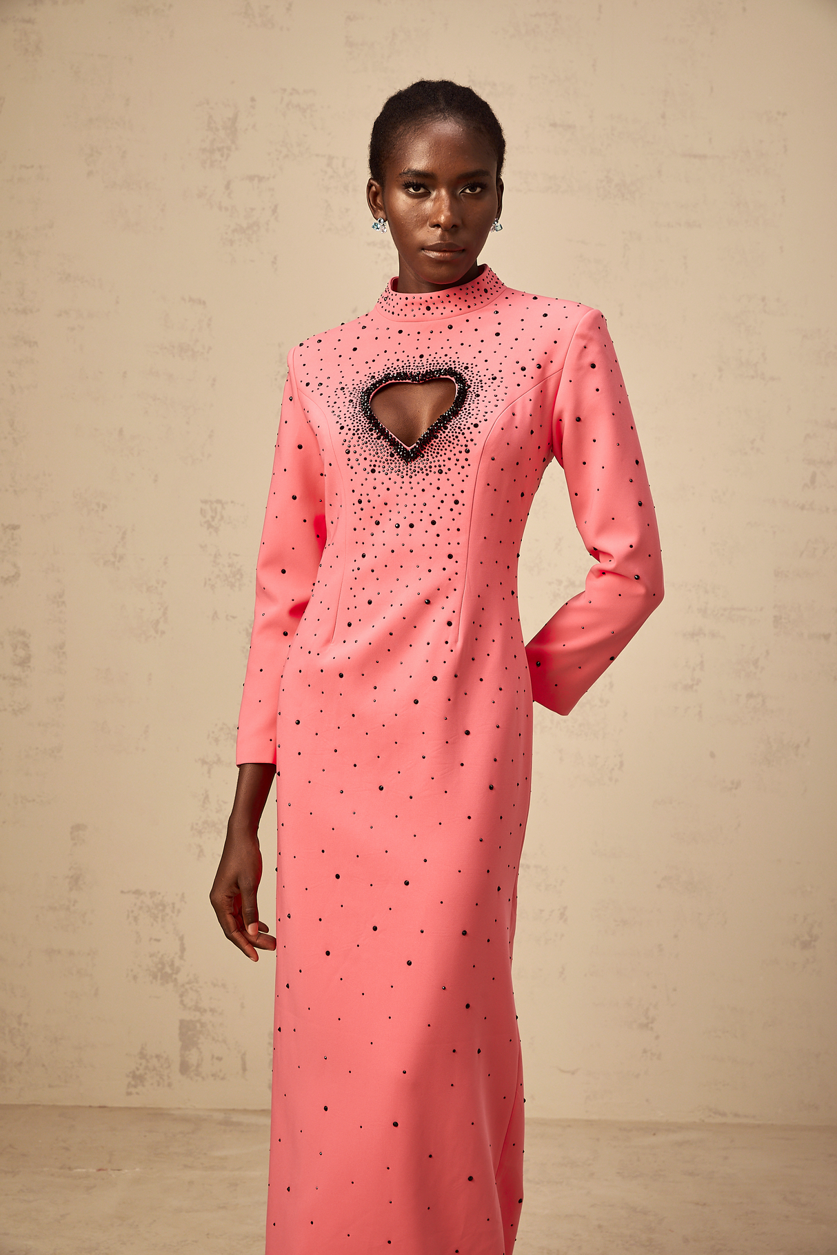 Aurohaya Zélie pink heart cut-out embellished maxi dress