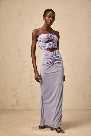Aurohaya Karine lavender 3D-petal ruched corset maxi dress