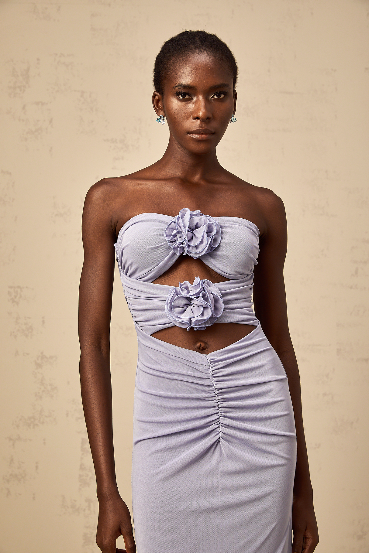 Aurohaya Karine lavender 3D-petal ruched corset maxi dress