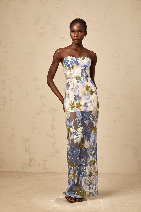 Aurohaya Patricia blue sequined flower-embroidered corset tulle maxi dress