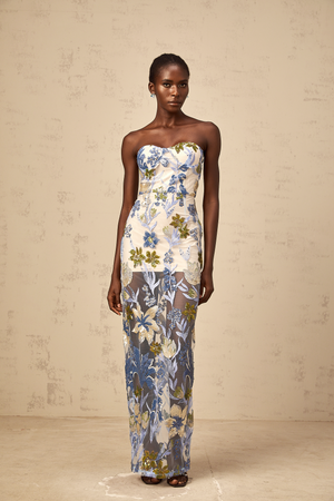 Aurohaya Patricia blue sequined flower-embroidered corset tulle maxi dress