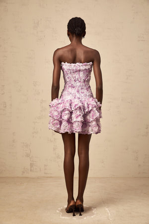Aurohaya Mylène purple 3D-petal tiered tulle mini dress