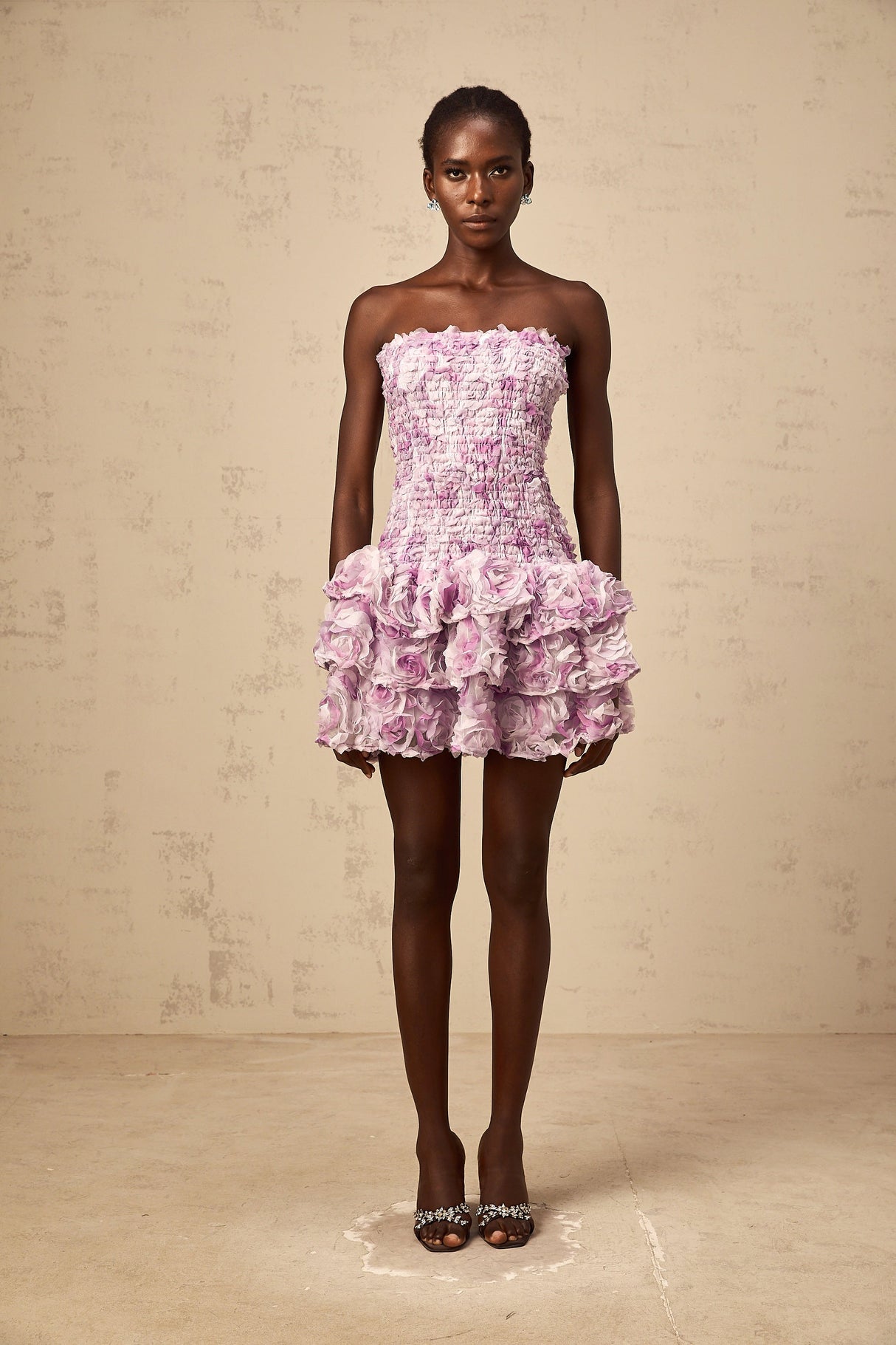 Aurohaya Mylène purple 3D-petal tiered tulle mini dress