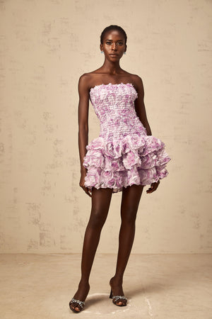 Aurohaya Mylène purple 3D-petal tiered tulle mini dress