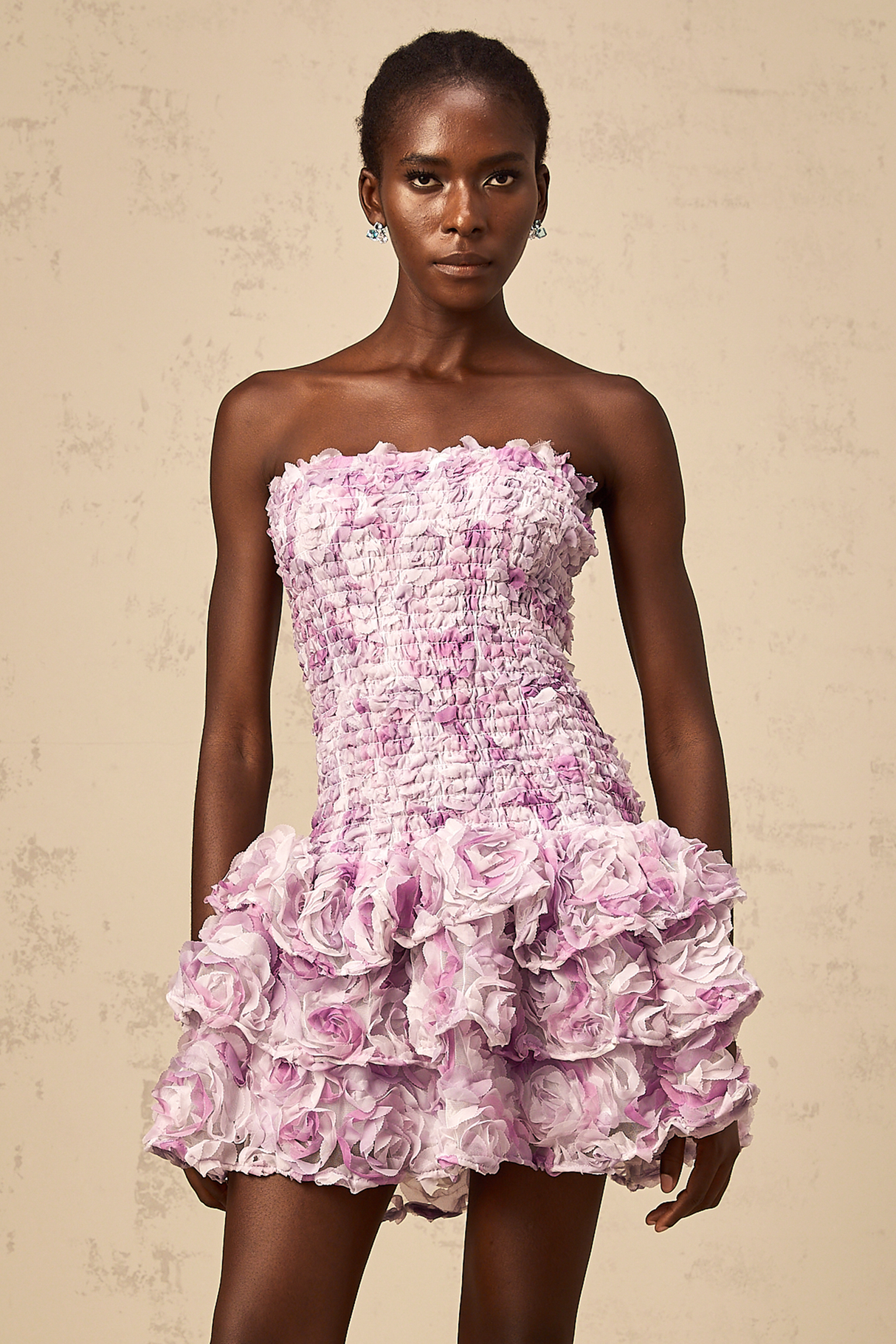 Aurohaya Mylène purple 3D-petal tiered tulle mini dress