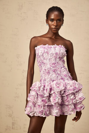 Aurohaya Mylène purple 3D-petal tiered tulle mini dress