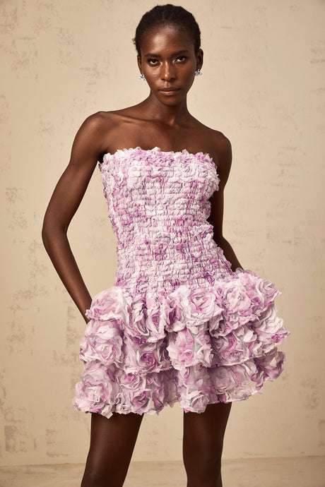 Aurohaya Mylène purple 3D-petal tiered tulle mini dress
