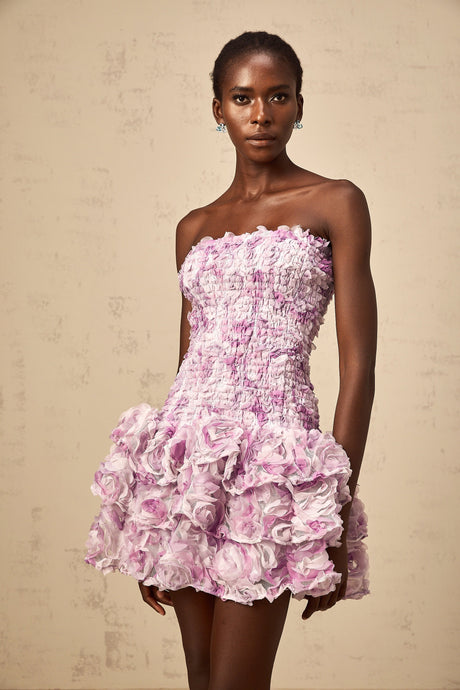 Aurohaya Mylène purple 3D-petal tiered tulle mini dress