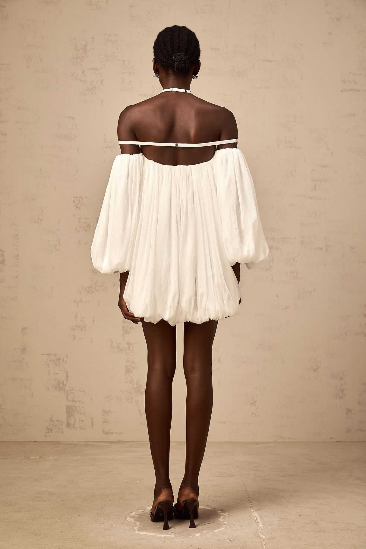 Aurohaya Hortense white floral-appliqué pleated tulle mini dress