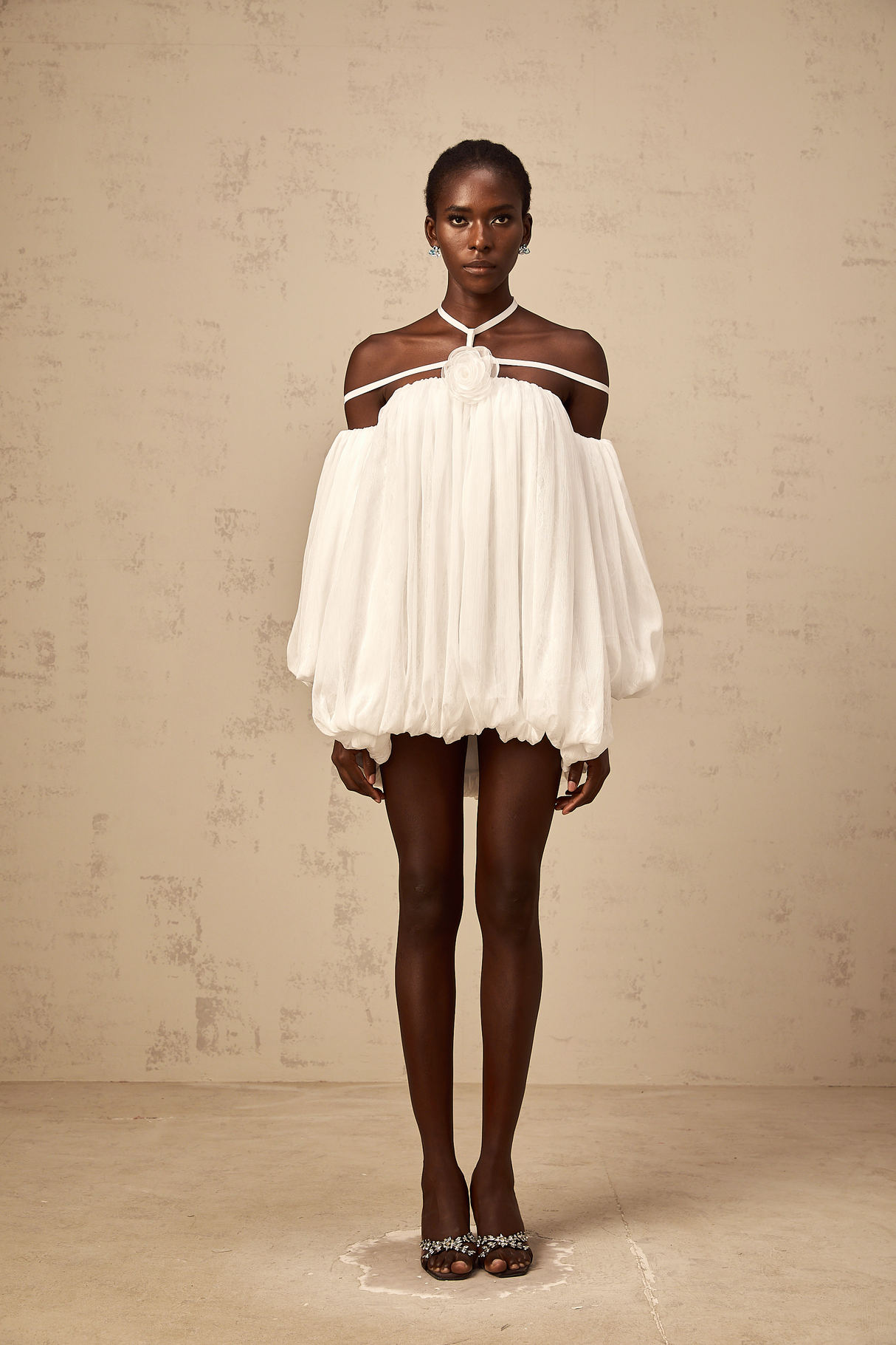 Aurohaya Hortense white floral-appliqué pleated tulle mini dress