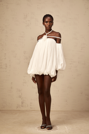 Aurohaya Hortense white floral-appliqué pleated tulle mini dress