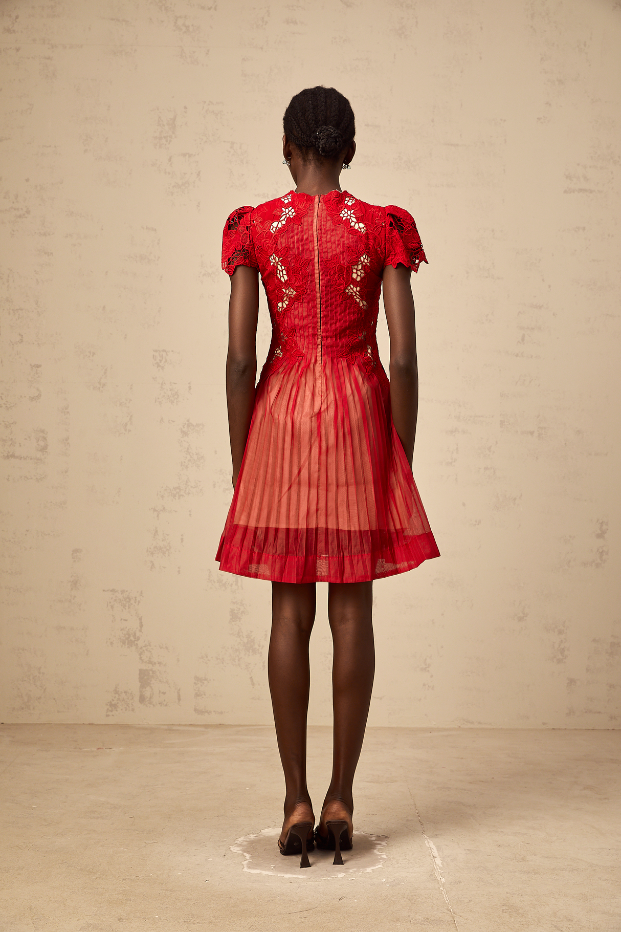 Aurohaya Corinne red flower-embroidered pleated mini dress