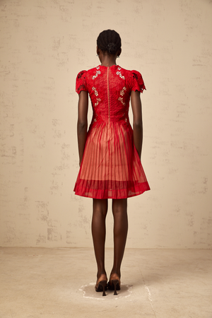 Aurohaya Corinne red flower-embroidered pleated mini dress