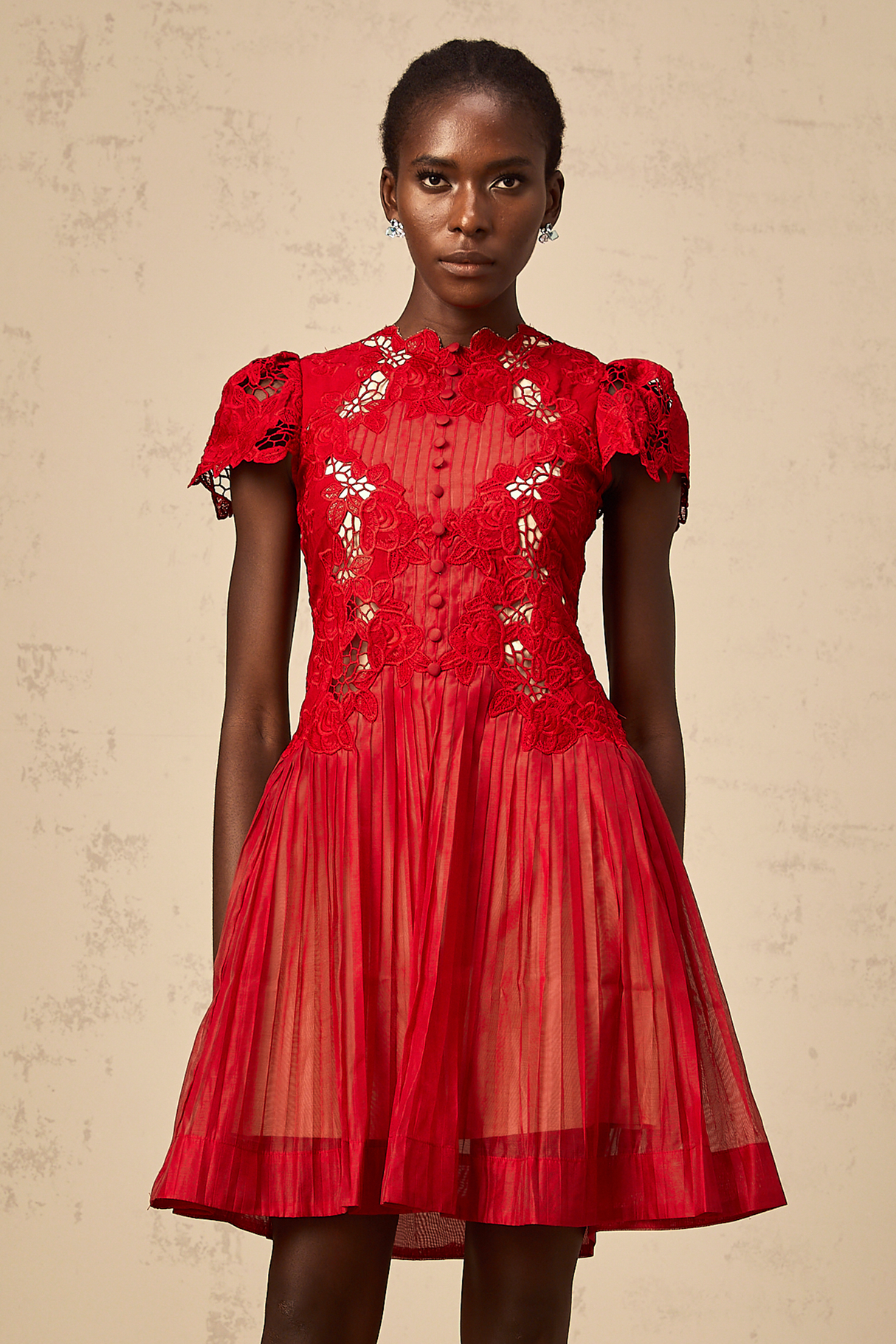 Aurohaya Corinne red flower-embroidered pleated mini dress