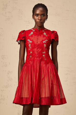 Aurohaya Corinne red flower-embroidered pleated mini dress