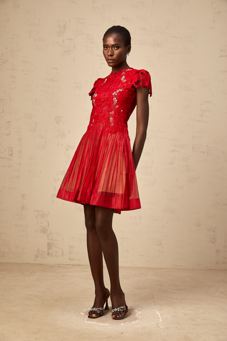 Aurohaya Corinne red flower-embroidered pleated mini dress