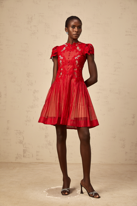 Aurohaya Corinne red flower-embroidered pleated mini dress