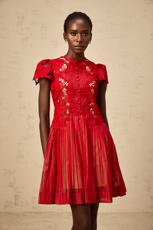 Aurohaya Corinne red flower-embroidered pleated mini dress