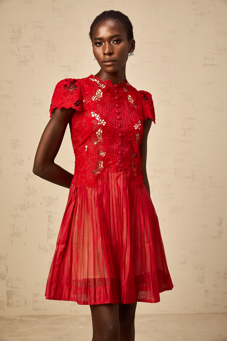 Aurohaya Corinne red flower-embroidered pleated mini dress