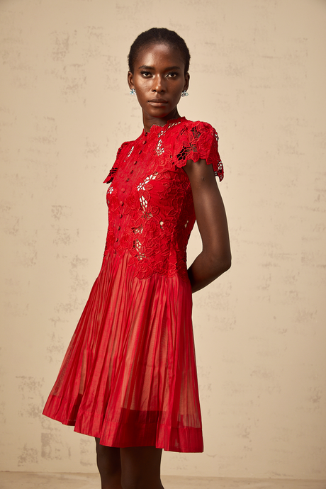 Aurohaya Corinne red flower-embroidered pleated mini dress