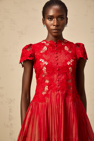 Aurohaya Corinne red flower-embroidered pleated mini dress