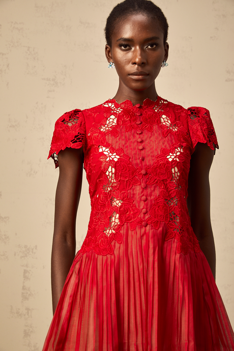 Aurohaya Corinne red flower-embroidered pleated mini dress