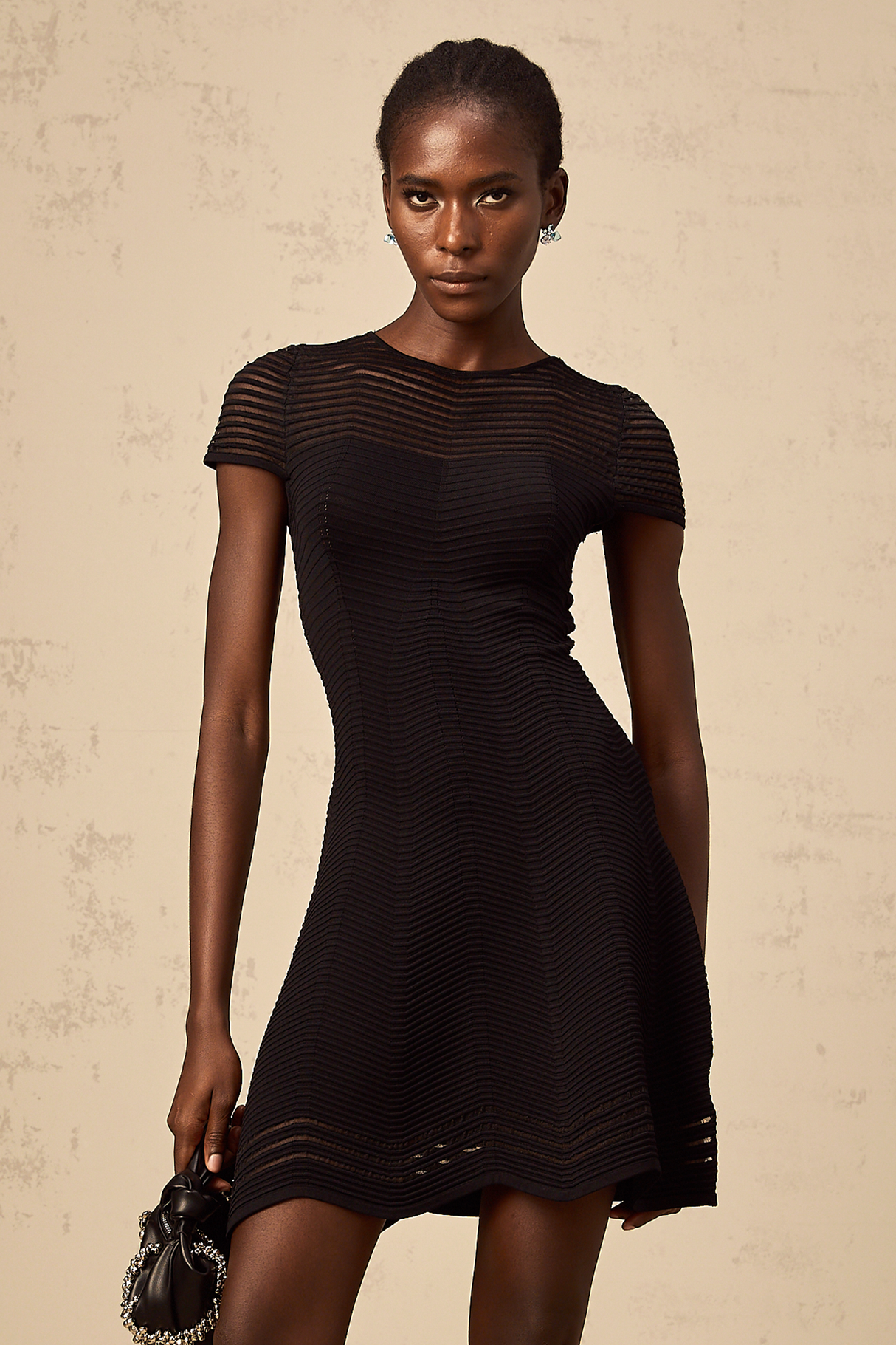 Aurohaya Mélisande black wavy-crochet textured mini dress