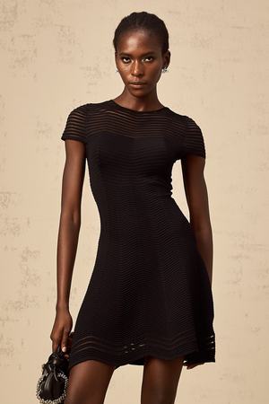 Aurohaya Mélisande black wavy-crochet textured mini dress