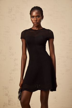 Aurohaya Mélisande black wavy-crochet textured mini dress