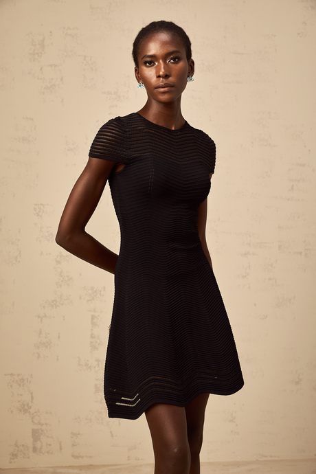 Aurohaya Mélisande black wavy-crochet textured mini dress