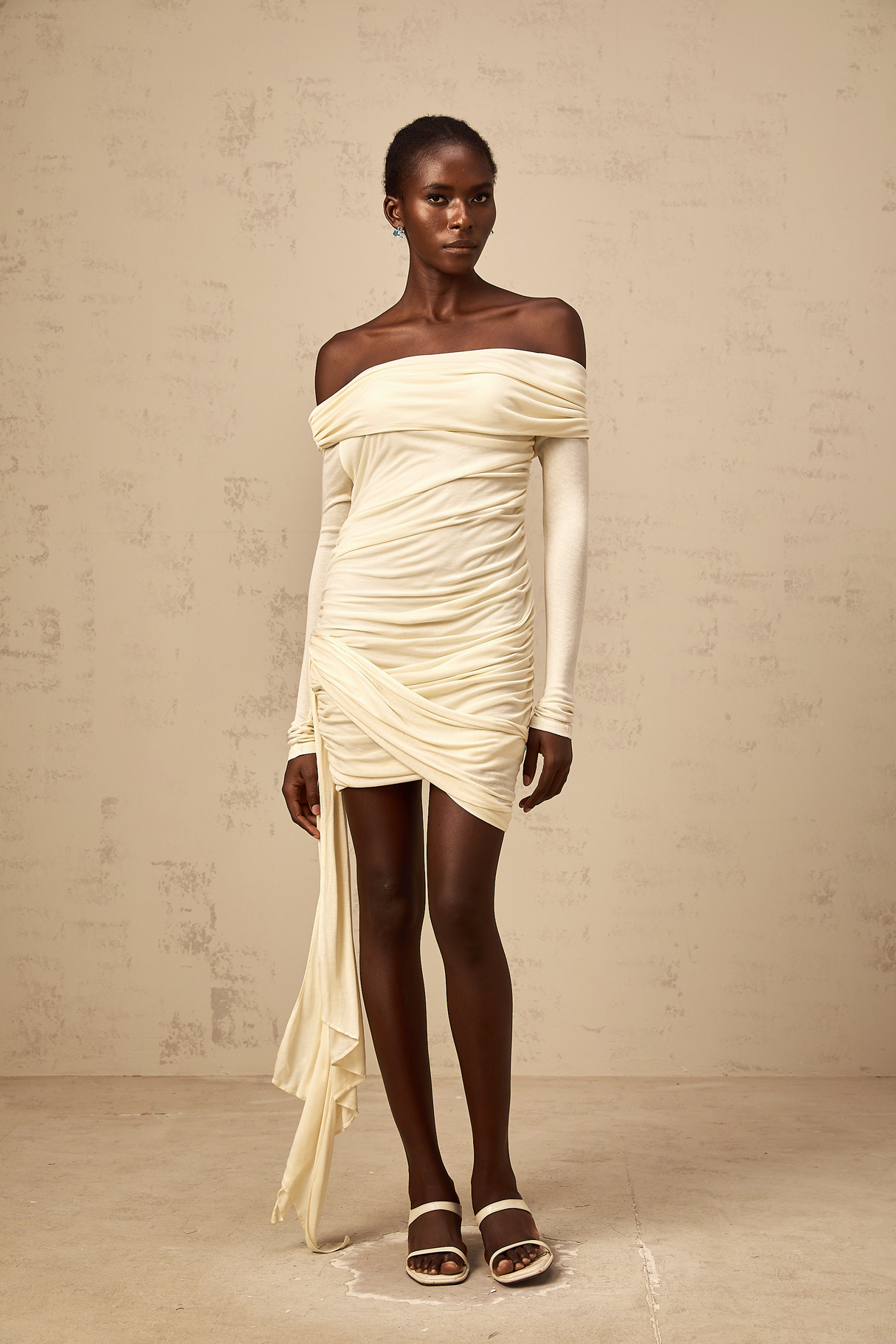 Aurohaya Margaux cream-white ribbon-design ruched mini dress