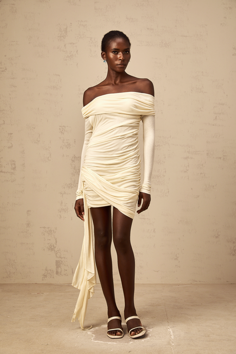 Aurohaya Margaux cream-white ribbon-design ruched mini dress