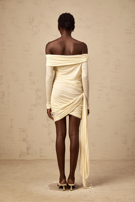 Aurohaya Margaux cream-white ribbon-design ruched mini dress