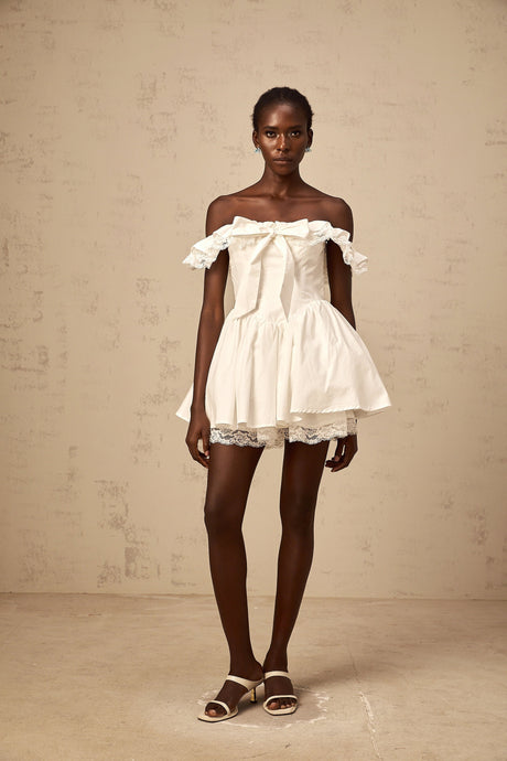 Aurohaya Arsène white oversize-bow ruffled mini dress