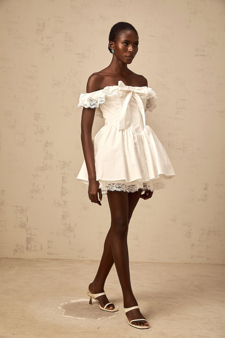 Aurohaya Arsène white oversize-bow ruffled mini dress
