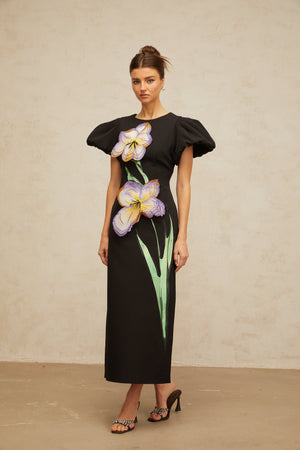 Aurohaya Irène sequined floral-embroidered midi dress in Black