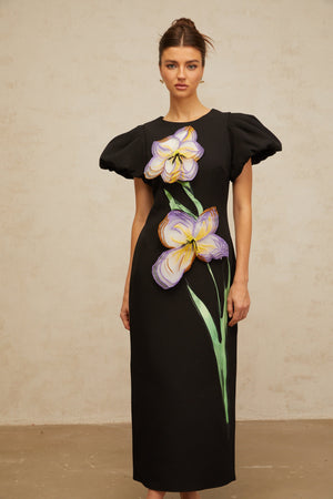 Aurohaya Irène sequined floral-embroidered midi dress in Black