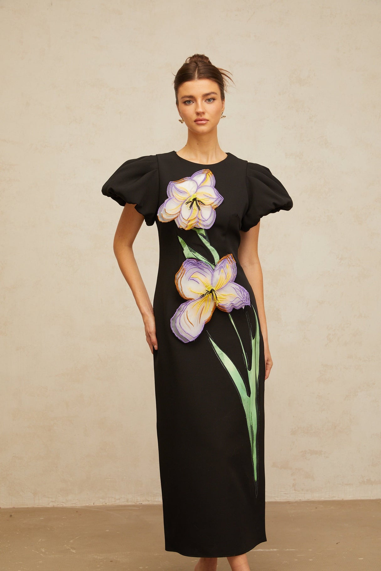 Aurohaya Irène sequined floral-embroidered midi dress in Black