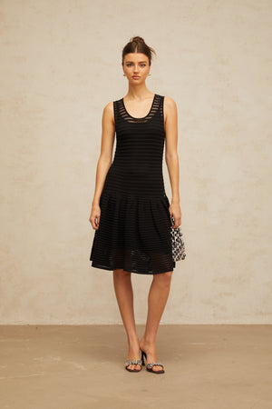 Aurohaya Maelle black flounced pointelle-knit mini dress