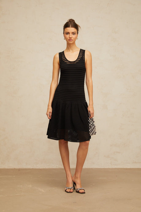 Aurohaya Maelle black flounced pointelle-knit mini dress