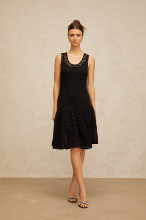 Aurohaya Maelle black flounced pointelle-knit mini dress