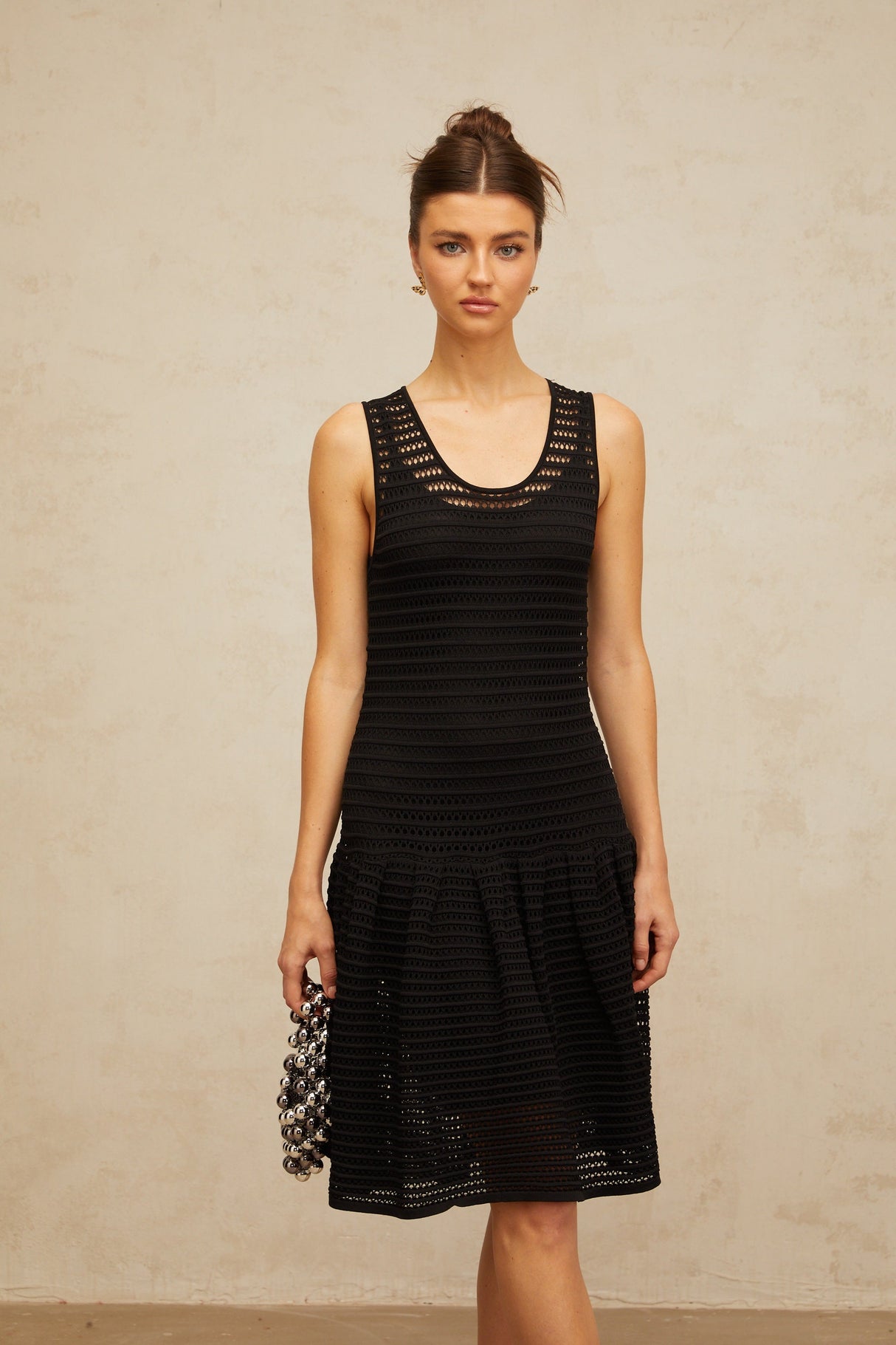 Aurohaya Maelle black flounced pointelle-knit mini dress