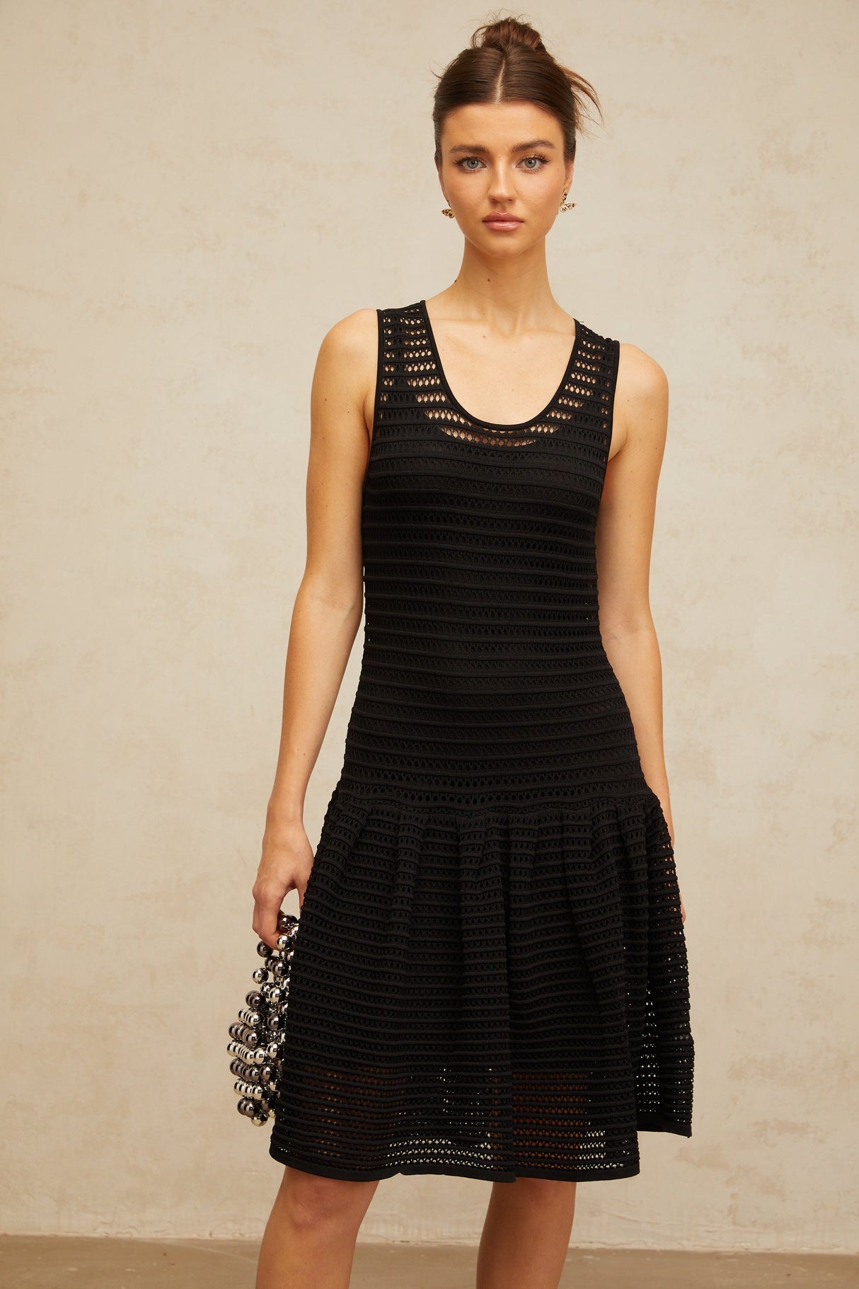 Aurohaya Maelle black flounced pointelle-knit mini dress